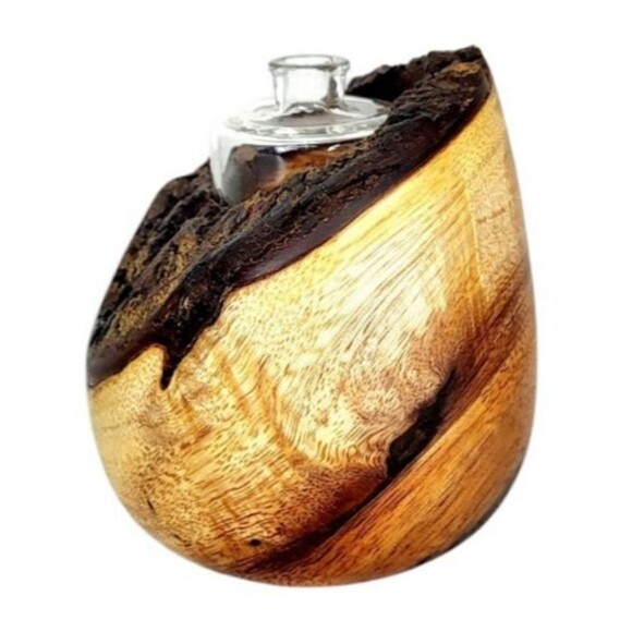 Vintage MCM KOA Wood Natural Edge Rustic Modernist Bud Vases Glass Insert Signed - Picture 14 of 14